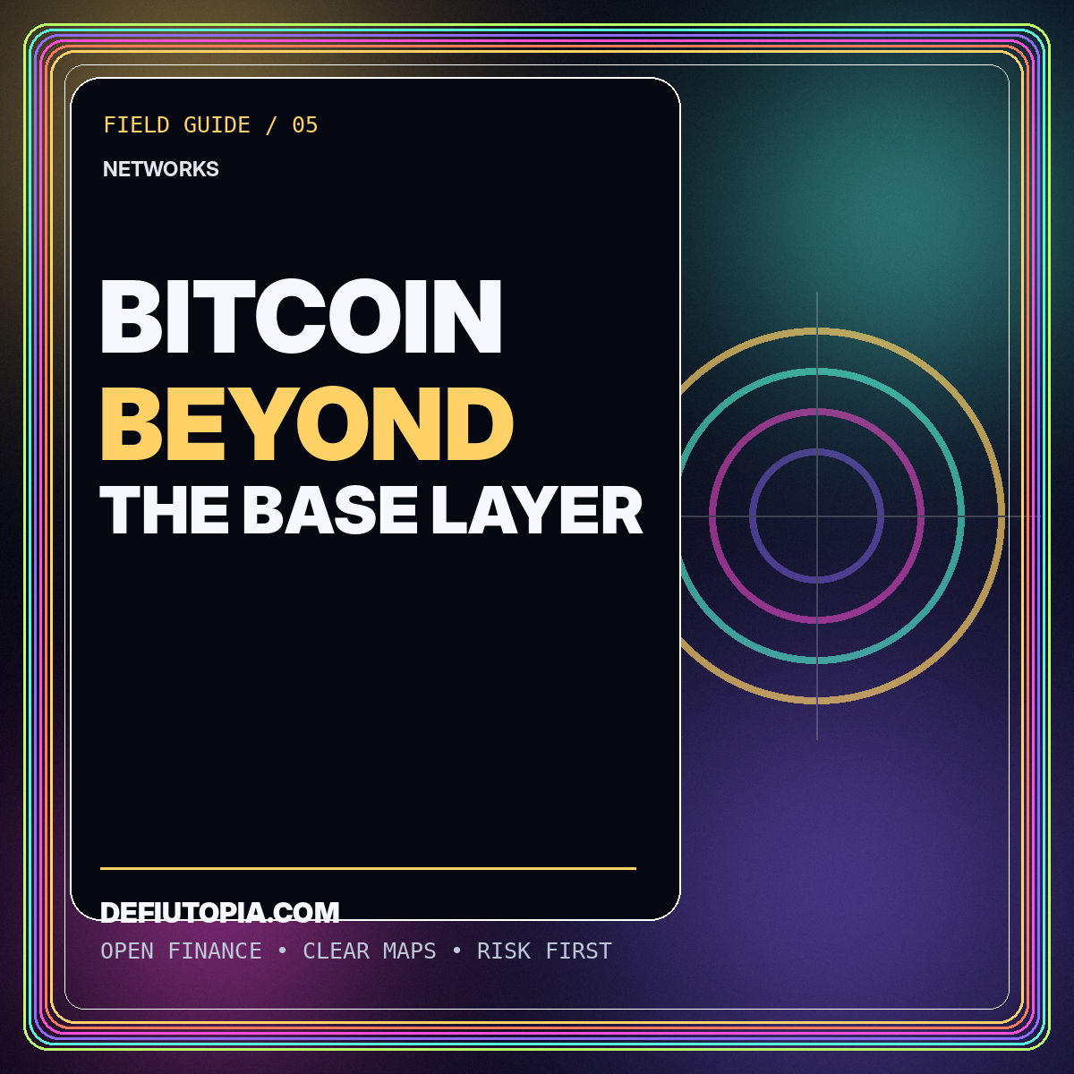 Neon typography card reading Bitcoin Beyond the Base Layer
